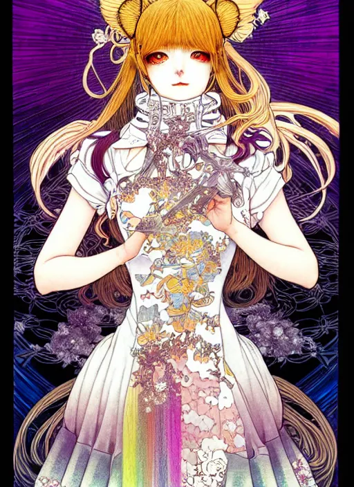 Prompt: highly detailed terada katsuya artstation manga poster of cat girl mechine, rainbow gradient reflection, ayami kojima, long hair, armor, dress, laces, ruffles, 8 k, maximalist, takato yamamoto, alphonse mucha