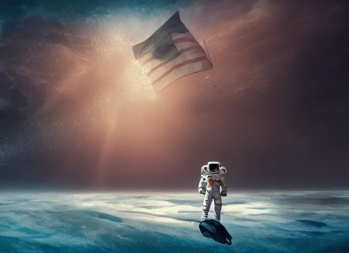 Image similar to astronaut underwater putting a flag in the sand of the bottom of the ocean. there is a futuristic submarine in the distance. dark, concept art, cinematic, dramatic, atmospheric, 8 k, trending on artstation, low visibility, fog, zack snyder