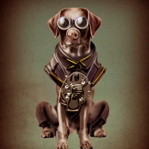 Prompt: a steampunk dog, digital art, hyperrealistic