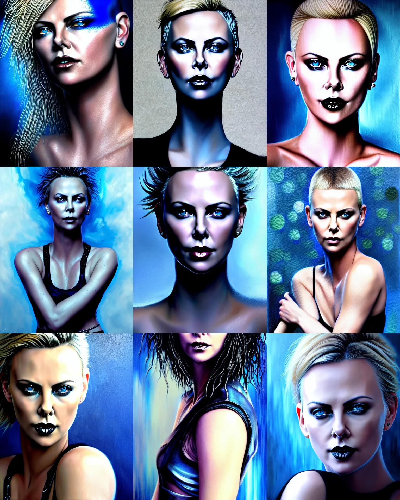 Prompt: ultra realist and ultra intricate detailed soft painting of Charlize Theron as a beautiful young punk girl, thin lustrous long black hair shaved on one side, symmetry features, blue eyes, sensual gloomy style, volumetric clouds, rave background, gothic tattoos, artstation, unreal render, depth of field