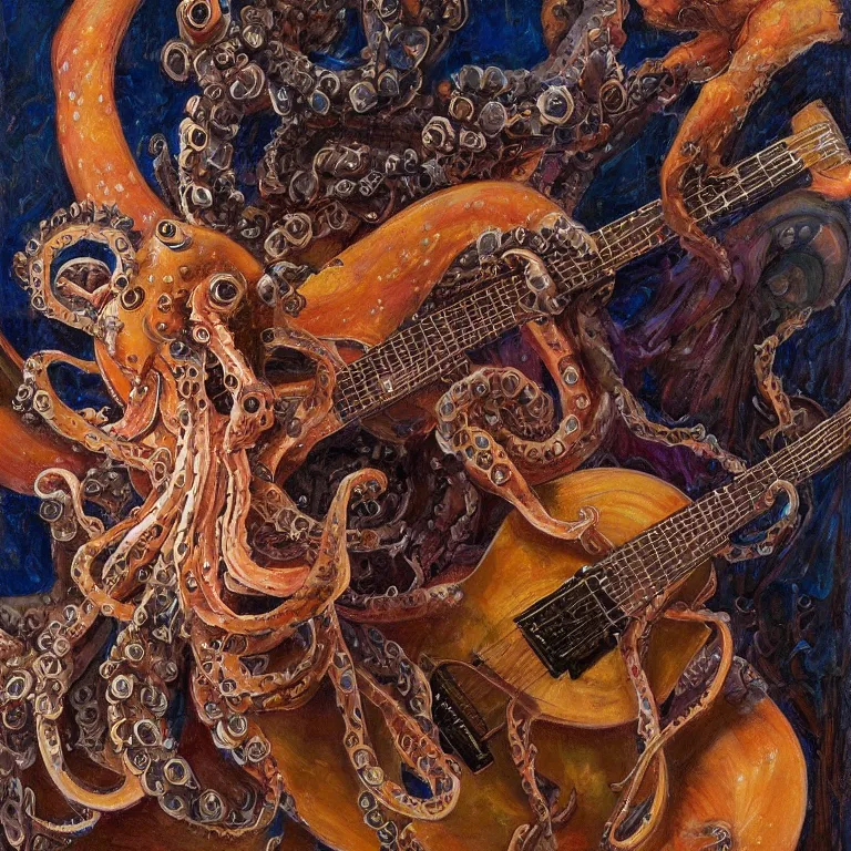 Image similar to a beautiful painting by donato giancola of an octopus playing drums and telecaster guitar in an electronic concert, dark background, concert light, dark mood, warm lights