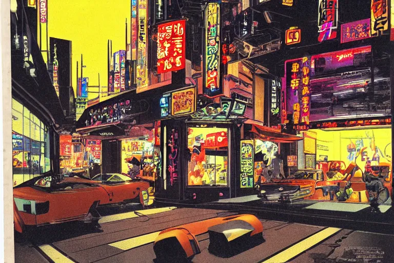 Prompt: 1 9 7 9 science fiction magazine window shopping downtown in neo - tokyo. in the style of bladerunner concept art by syd mead