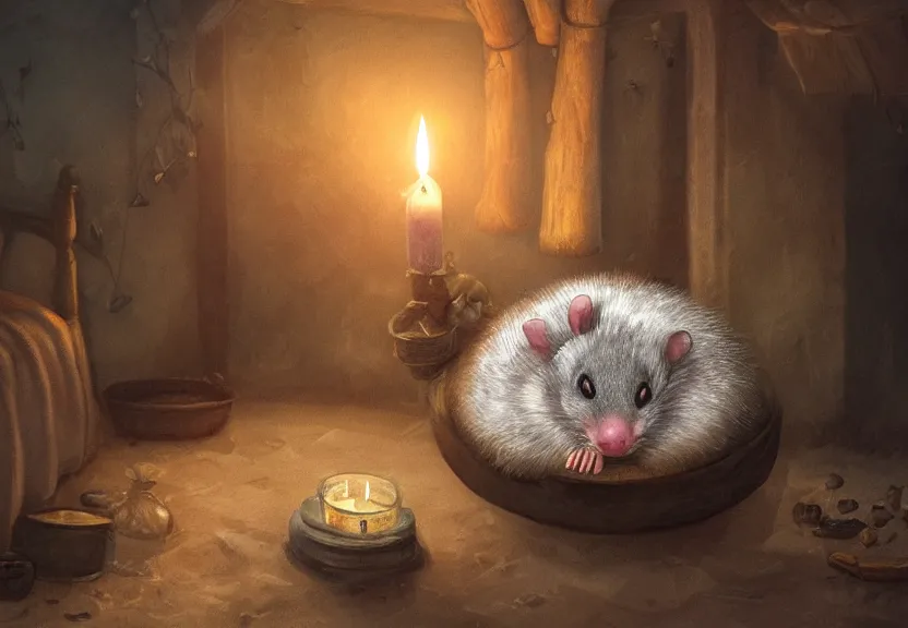 Prompt: cute hatted possum sleeping inside a bed in a medieval cluttered cottage at night under the dim light of a candle, dark fantasy, dreaming illusion, trending on artstation