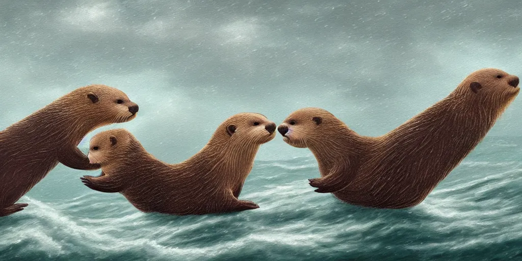 Image similar to Two adorable otters falling in love holding hands side by side, all alone in the middle of a huge storm at sea, fantasy illustration, cinematic, dreamlike, Award winning, romance, detailed trending on art station masterpiece