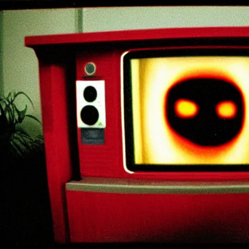 Image similar to a high flash photo of a television with a screaming face on it in an empty house, 2 0 0 6, taken with a disposable camera