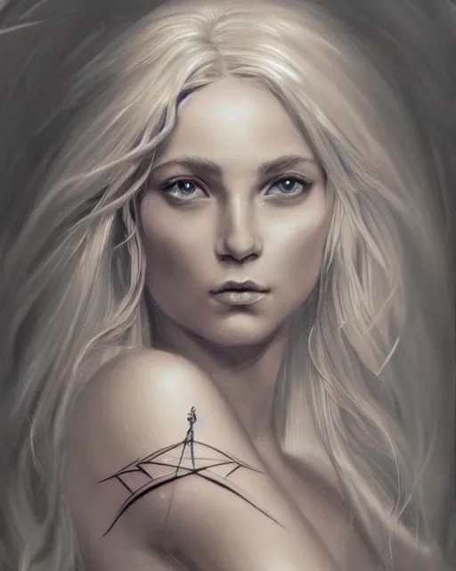 Image similar to tattoo sketch of beautiful greek goddess aphrodite, bow and arrow, beautiful piercing eyes, flowing blonde hair, realistic face, hyper realistic, in the style of greg rutkowski, fantasy, amazing detail, epic, intricate, elegant, smooth, sharp focus