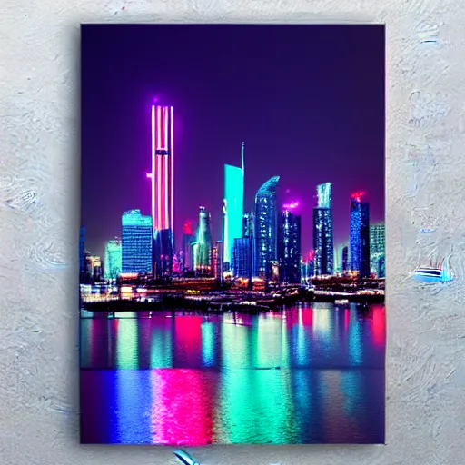 Prompt: Cyberpunk city skyline, night, reflection on water, neon, 4k