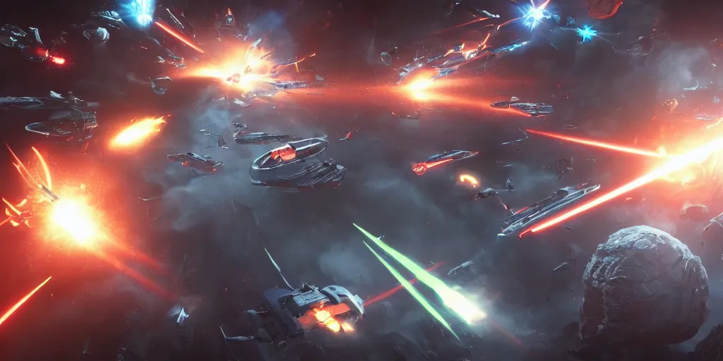 Image similar to spaceship battle scene, cinematic scifi shot, laser fire, explosions, ultra realistic details, by george lucas, 8 k