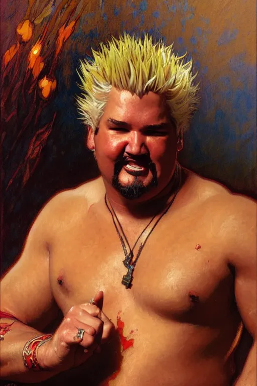 Image similar to guy fieri figure painting, painting by gaston bussiere, craig mullins, greg rutkowski, alphonse mucha