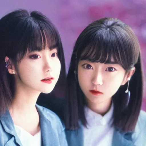 Image similar to 1990s, unbelievably beautiful, perfect, dynamic, epic, cinematic 8K HD movie shot of two semi-close-up japanese beautiful cute young J-Pop idols actresses girls, they express joy and posing together. By a Chinese movie director. Motion, VFX, Inspirational arthouse, high budget, hollywood style, at Behance, at Netflix, with Instagram filters, Photoshop, Adobe Lightroom, Adobe After Effects, taken with polaroid kodak portra