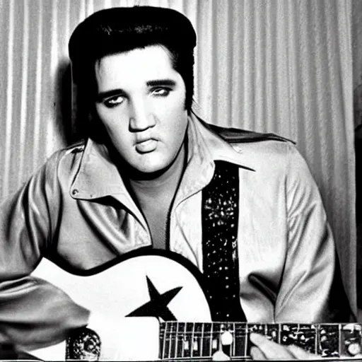 Image similar to elvis presley with the face of nicolas cage playing the guitar, poker table next to him