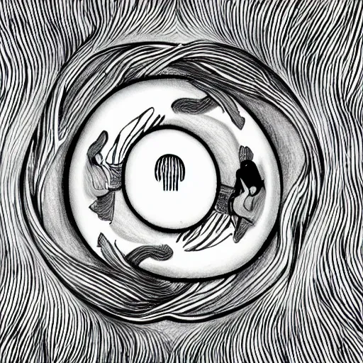 Image similar to a drawing of a pregnant woman giving birth to emerging yin - yang daoist symbol emerging from womb, black and white detailed pencil drawing dao