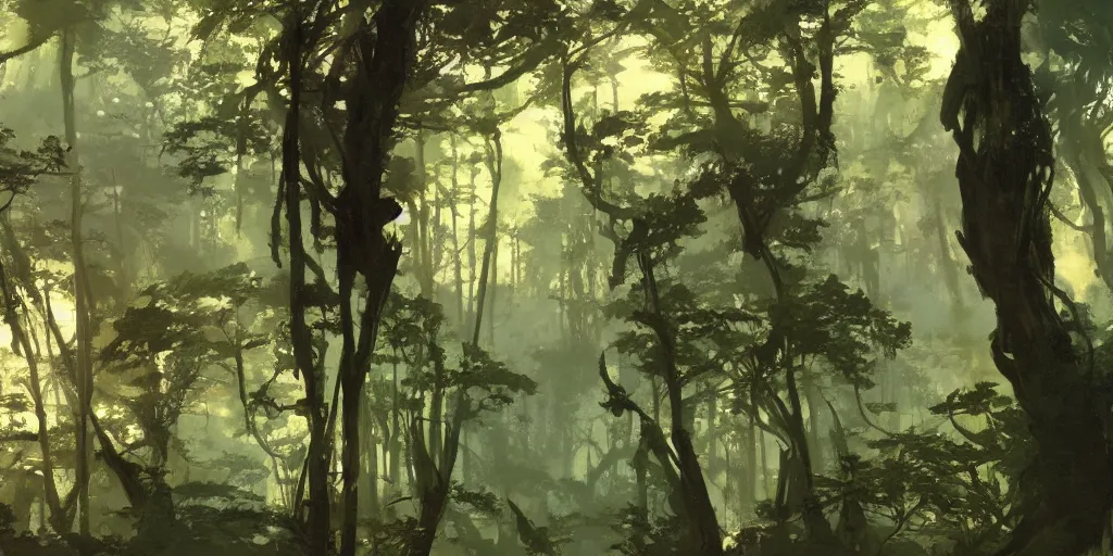 Image similar to animation background painting of a forest, intricate, elegant, highly detailed, greg manchess, mucha, liepke, ruan jia, jeffrey catherine jones, ridley scott