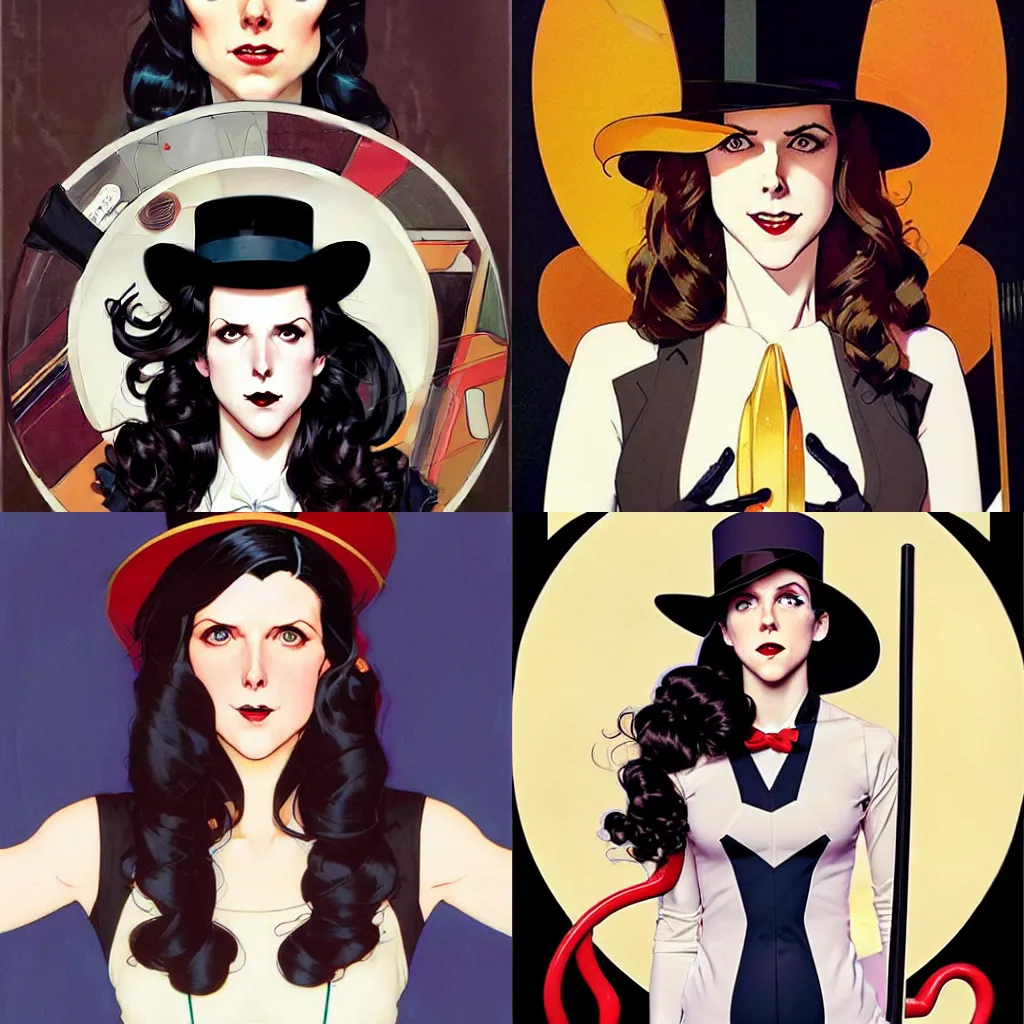 Image similar to Joshua Middleton comic art, Norman Rockwell, David Baldeon art, pretty female Anna Kendrick Zatanna DC Comics magician, coy smile, symmetrical face, symmetrical eyes, long black hair with tophat, full body, on stage::