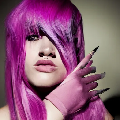 Image similar to a woman with pink hair and purple eyebrows, editorial fashion photography