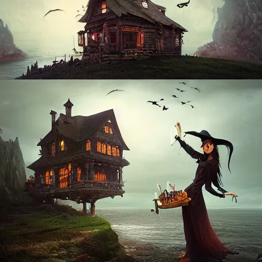 Prompt: a scary witch on a broom in front of a witch house which is made out of candy, floating on the ocean, epic scene, fantasy, cinematic, hyper - detailed, in the style of greg rutkowski