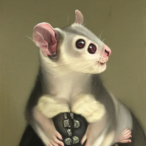 Image similar to sugarglider in a suit 1 5 9 5, a dnd fantasy, chiaroscuro medieval sugarglider, devilish lighting, sugarglider animal perfect epic painting. official portrait, dnd character painting by gibbs - coolidge. oil on canvas, wet - on - wet technique, underpainting, grisaille, chiaroscuro realistic. restored face.