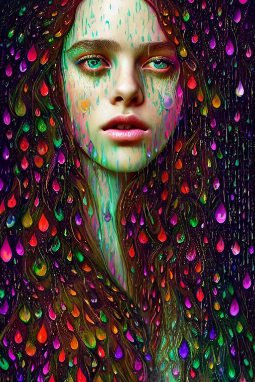 Prompt: portrait of a girl in psychedelic LSD rain with wet hair and face, fantasy, intricate, elegant, dramatic lighting, emotionally evoking symbolic metaphor, highly detailed, lifelike, photorealistic, digital painting, artstation, concept art, smooth, sharp focus, illustration, art by John Collier and Albert Aublet and Krenz Cushart and Artem Demura and Alphonse Mucha