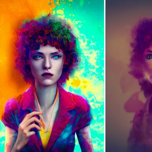 Image similar to women portrait made out of exploding paint, short hair, octane render, highly detailed, realistic, tim burton and bob ross comic book art, matte painting, holographic