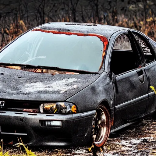 Image similar to a burnt eg9 Honda civic abandoned in a field