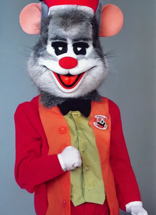 Image similar to Chuck E. Cheese mascot grainy 1990’s circus portrait of an anthropomorphic rat animatronic dressed like a clown, professional portrait HD, camera flash, mouse, Chuck E. Cheese head, authentic, mouse, costume weird creepy, off putting, nightmare fuel, Chuck E. Cheese