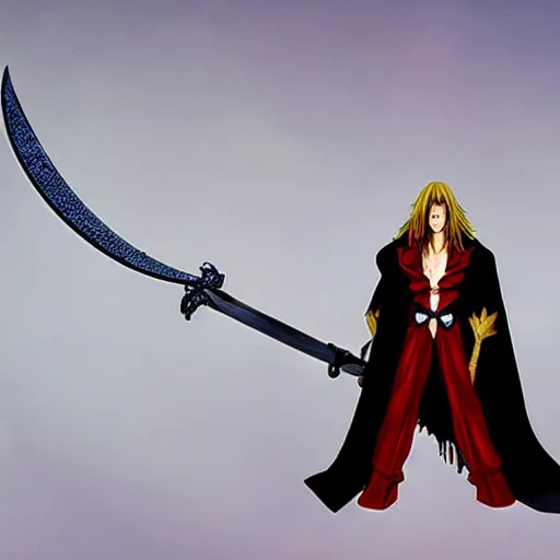 Image similar to alucard posing for a picture with a long sword