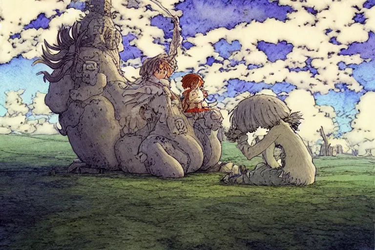 Image similar to hyperrealist studio ghibli watercolor fantasy concept art of a giant from howl's moving castle sitting on stonehenge like a chair. it is a misty starry night. by rebecca guay, michael kaluta, charles vess