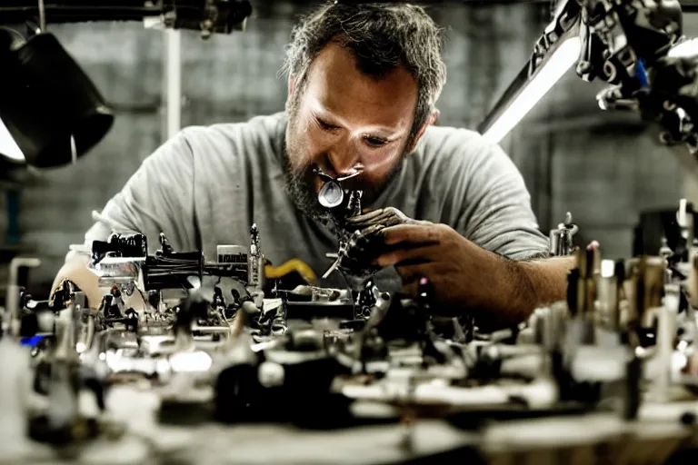 Prompt: cinematography closeup portrait of a Man soldering repairing robot parts in his garage by Emmanuel Lubezki