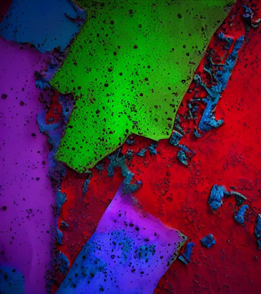 Image similar to mold corrosion abstract 3 d sculpture red purple green dark blue yellow cinematic lighting, highly detailed 8 k