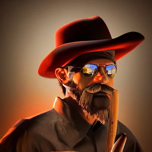 Image similar to Photorealistic cowboy with a bat as a moustache. Hyperdetailed photorealism, 108 megapixels, amazing depth, glowing rich colors, powerful imagery, psychedelic Overtones, 3D finalrender, 3d shading, cinematic lighting, artstation concept art