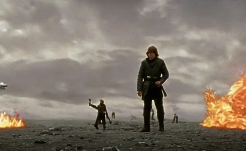 Image similar to screenshot portrait of Luke Skywalker in a windy fiery battlefield with scattered parts of destroyed AT-AT walkers, with young jedi army behind him, iconic scene from 1970s film by Stanley Kubrick, last jedi, 4k HD, cinematic lighting, beautiful portrait of Mark Hammill, moody scene, stunning cinematography, anamorphic lenses, kodak color film stock