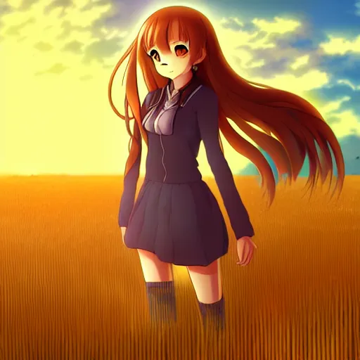 Image similar to anime illustration of Holo from Spice and Wolf standing in a wheat field at sunset, Holo is a wolf girl, high detail, trending on pixiv