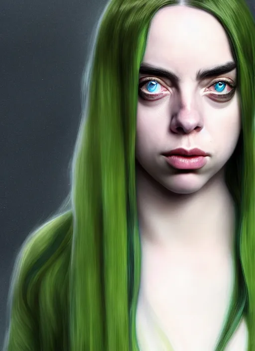 Image similar to Billie Eilish as Female Loki, beautiful facial symmetry, olive skin color, hyper realistic, hyper detail, very detailed, digital art, trending on artstation, smooth render, 8k octane render, digital illustration, by Katsuhiro Otomo and Shigeru Miyamoto