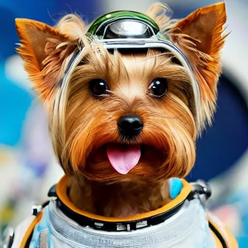 Image similar to A Yorkshire Terrier in a space suit, its face, smiling, clearly visible inside the helment /imagine https://discord.com/channels/1002292111942635562/1005628033945837620/1006191040228753459