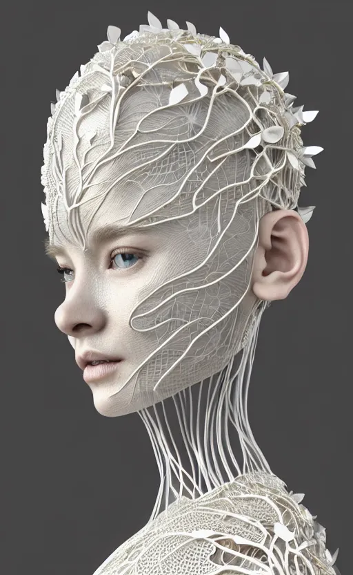 Image similar to complex 3d render of a beautiful porcelain profile woman face, vegetal dragon cyborg, 150 mm, beautiful natural soft light, rim light, silver gold details, magnolia leaves and stems, roots, fine lace, maze like, mandelbot fractal, anatomical, facial muscles, cable wires, microchip, elegant, highly detailed, white metallic armour, octane render, black and white, H.R. Giger style