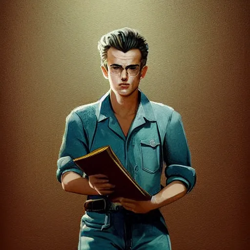 Image similar to a highly detailed epic cinematic concept art CG render digital painting artwork costume design: young James Dean as a well-kept neat anarchist rebel in 1950s USSR green overalls and big boots, reading a book. By Greg Rutkowski, Ilya Kuvshinov, WLOP, Stanley Artgerm Lau, Ruan Jia and Fenghua Zhong, trending on ArtStation, subtle muted cinematic colors, made in Maya, Blender and Photoshop, octane render, excellent composition, cinematic atmosphere, dynamic dramatic cinematic lighting, aesthetic, very inspirational, arthouse