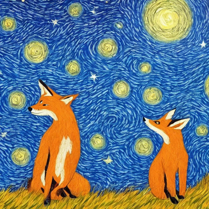 Prompt: a painting of a fox looking up at the stars in the style of Starry Night, highly detailed,