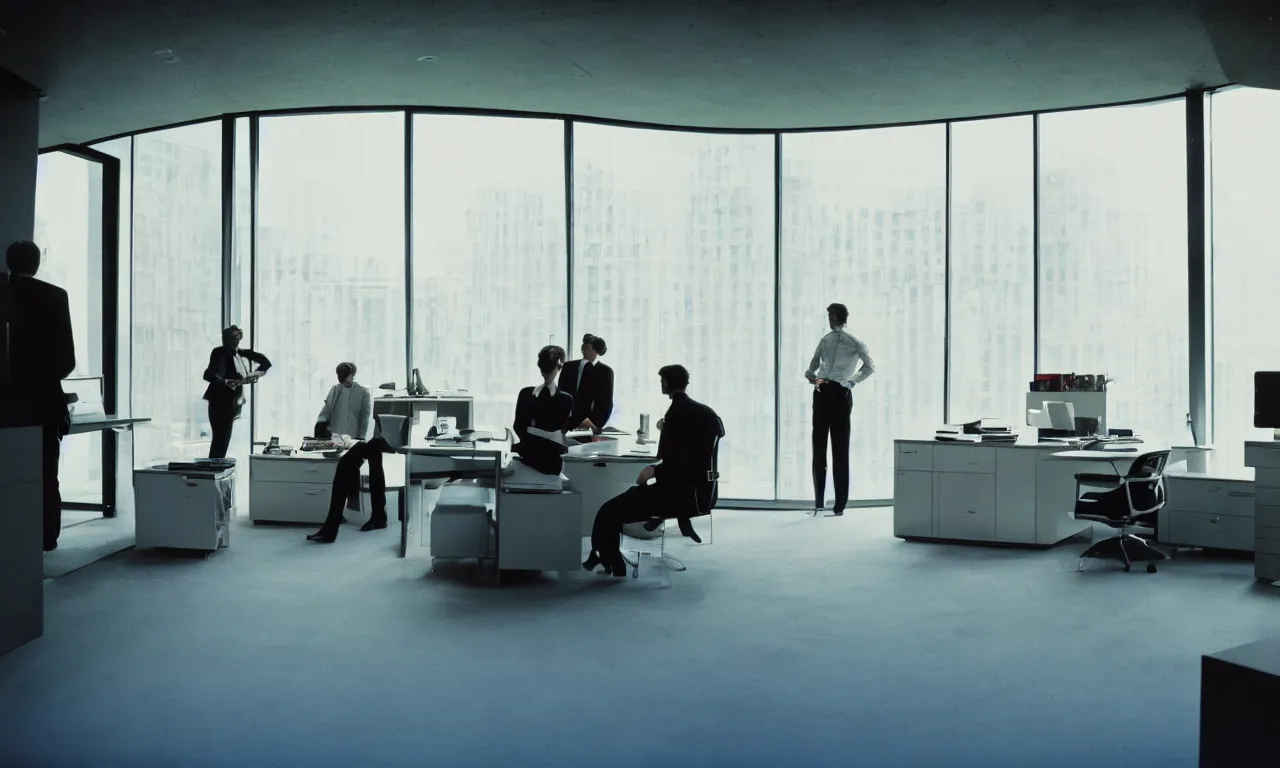 Image similar to inside of big modern designer's office with business people, architecture, window, concrete, ground level camera view, 35 mm, kodak ektachrome