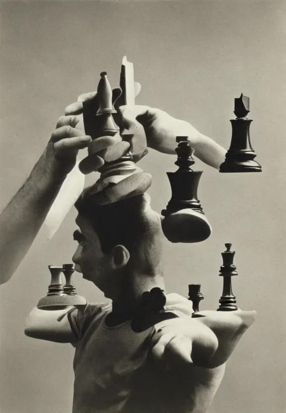 Image similar to a man holding up a single chess - piece, a surrealist painting by marcel duchamp, complex artificial - intelligence machinery, flickr contest winner, surrealist, studio portrait, 1 9 2 0 s