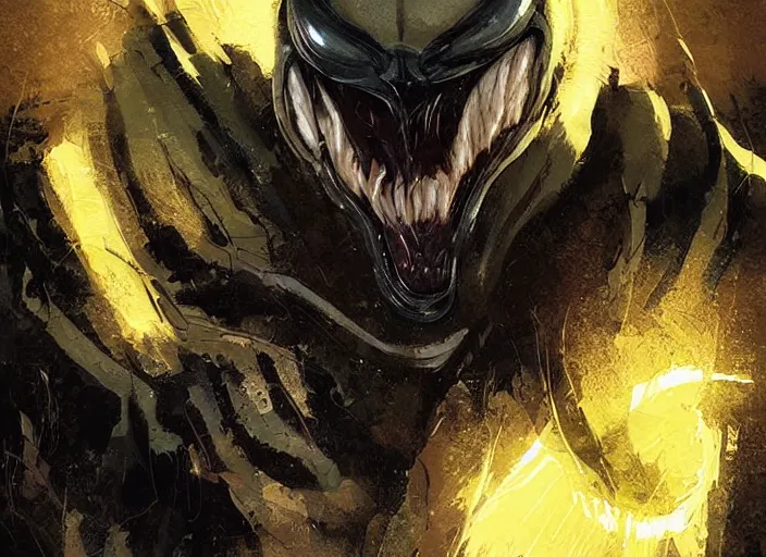 Prompt: venom fused with deadshot yellow eye open mouth rimlight, natural digital painting by greg rutkowski