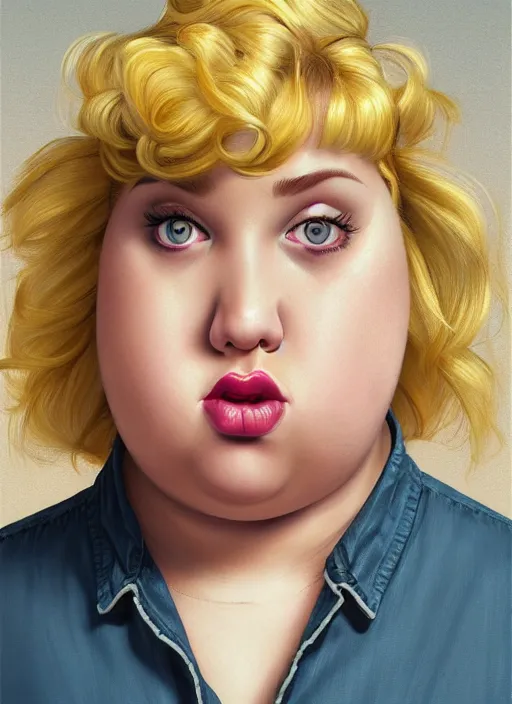 Image similar to full body portrait, teenage betty cooper, blonde hair, obese, bangs, ponytail, sultry, realistic, sultry smirk, fluffy bangs, curly bangs, fat, belly, beautiful girl, intricate, elegant, highly detailed, digital painting, artstation, concept art, smooth, sharp focus, illustration, art by wlop, mars ravelo and greg rutkowski