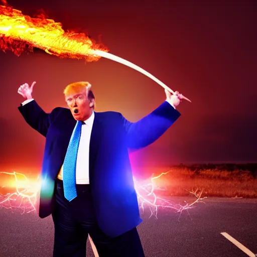 Image similar to obese donald trump casting fireballs, colorful hd picure, lightning in the background