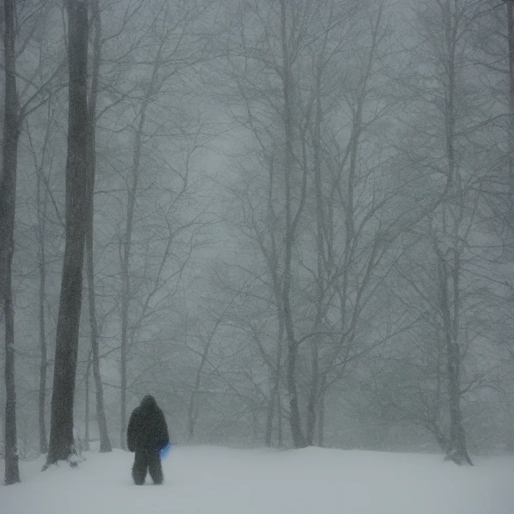 Image similar to photo, bigfoot is hiding in the background. cold color temperature, snow storm. hazy atmosphere. humidity haze. kodak ektachrome, greenish expired film, award winning, low contrast