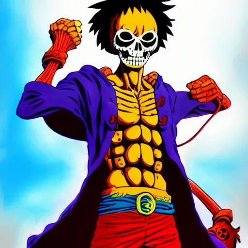 Image similar to portrait painting of skeletor as luffy, art by eiichiro oda, 4 k, one piece artstyle, cel shaded, highly detailed, epic lighting