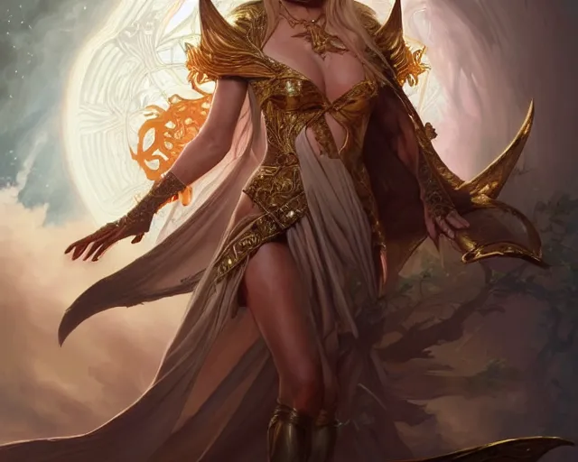 Image similar to amanda holden as a sorceress, deep focus, d & d, fantasy, intricate, elegant, highly detailed, digital painting, artstation, concept art, matte, sharp focus, illustration, hearthstone, art by artgerm and greg rutkowski and alphonse mucha