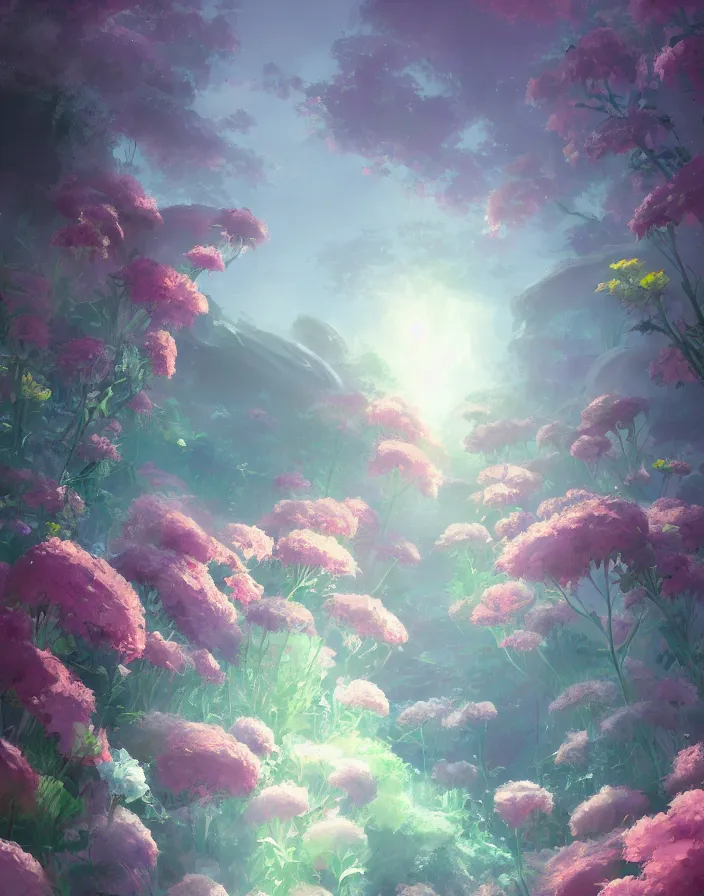 Image similar to beautiful flower bouquet, concept art, daytime ethereal anime, high detail Impressionist style, dreamy light color palette, style of studio ghibli and moebius, concept art stunning atmosphere, trending on artstation, volumetric light