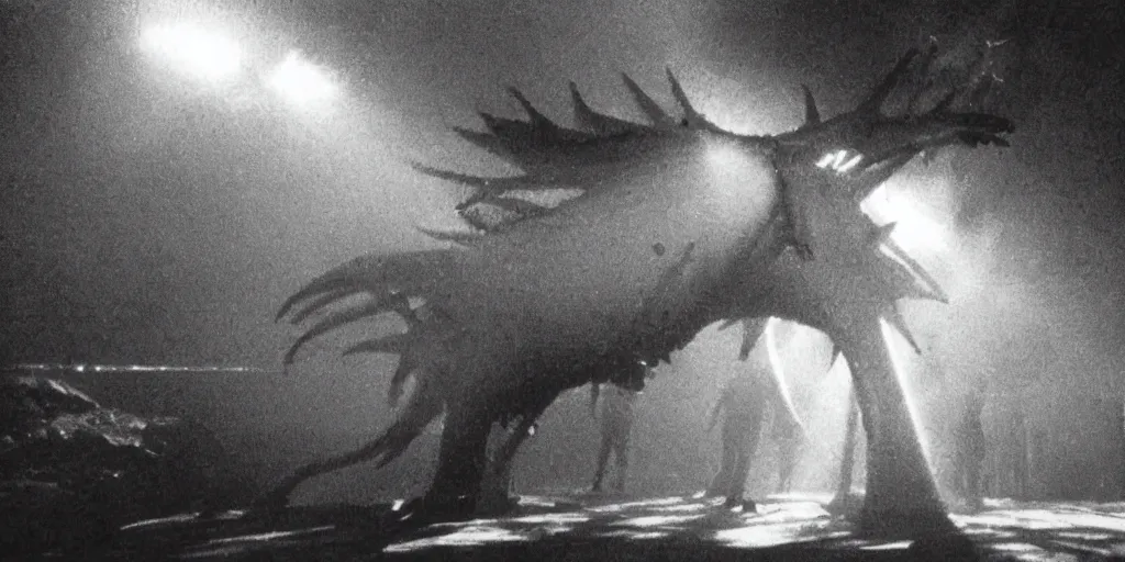 Image similar to light coming out of one bull - like kaiju starfish monster, korean film noir, korean traditional palace, pyongyang city, 1 9 6 0 s, red color bleed, 4 k, video compression, video glitch, monochrome, akira kurosawa