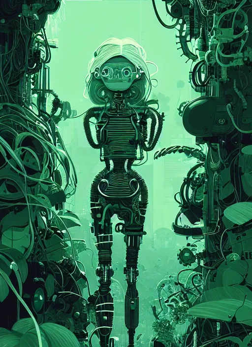 Image similar to highly detailed portrait of a biopunk cyborg long wavy blonde hair tribal lady, stray wiring by atey ghailan, james gilleard, by joe fenton, by greg rutkowski, by greg tocchini, by kaethe butcher, 4 k resolution, gradient green, black and white color scheme!!! ( ( forested robotic dense jungle background ) )