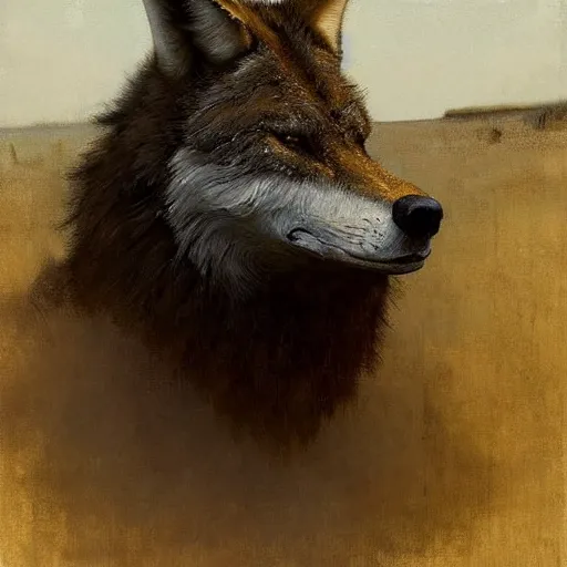 Prompt: portrait of a brawny burly surly coyote head (man) standing in a plain white room digital art by Nerdrum John, William Waterhouse, Winslow Homer, Alex Heywood, Jordan Grimmer, Darren Quach, Greg Rutkowski, Simon Stalenhag, trending on Artstation, CGSociety