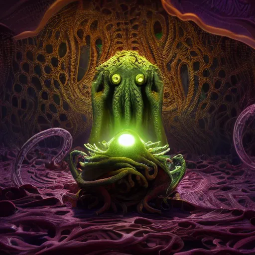 Image similar to cthulhu, expressive eyes, floating, rbc, radiolaria, protophyta, micro - organisms, center frame, symmetric, rim light, marine microbiology, bioluminescence, electric, fur, soft, concept art, intricate details, highly detailed, colorful, photorealistic, disney pixar, octane render,